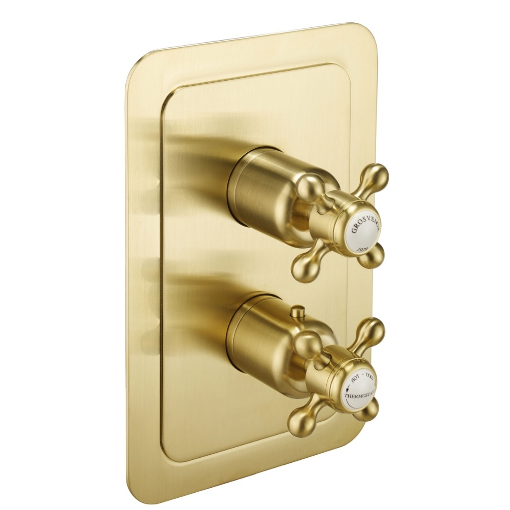 JTP Grosvenor Cross Brushed Brass 2 Handle 2 Outlet Thermostatic Shower Valves